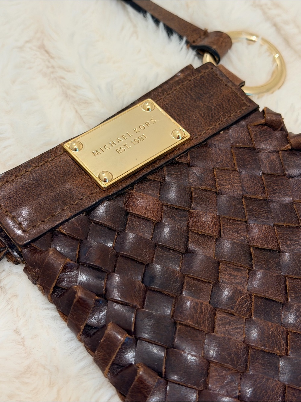 Rare Michael Kors Brown Woven Leather Belt Bag/shoulder bag with Gold Plate